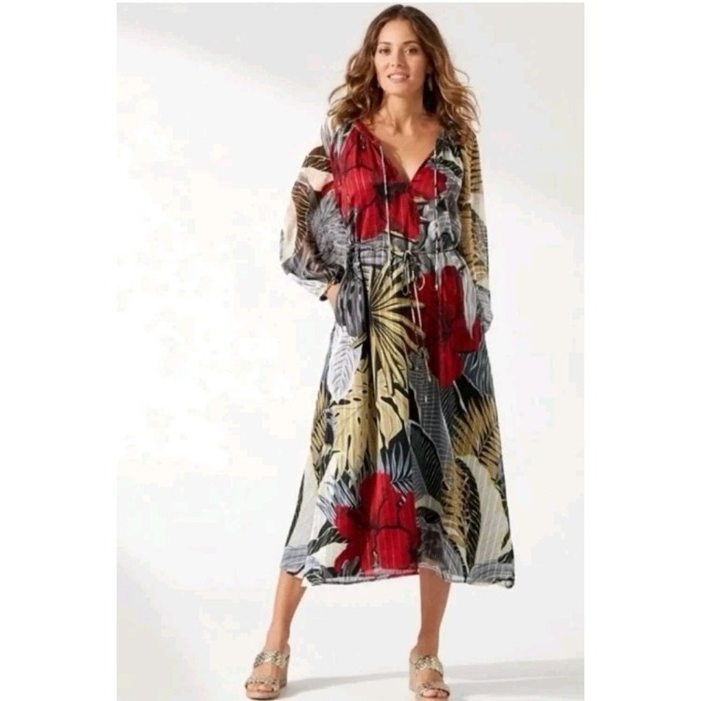 Tommy Bahama Hibiscus Romance Midi Dress Size S Tropical Flowing Goddess Resort